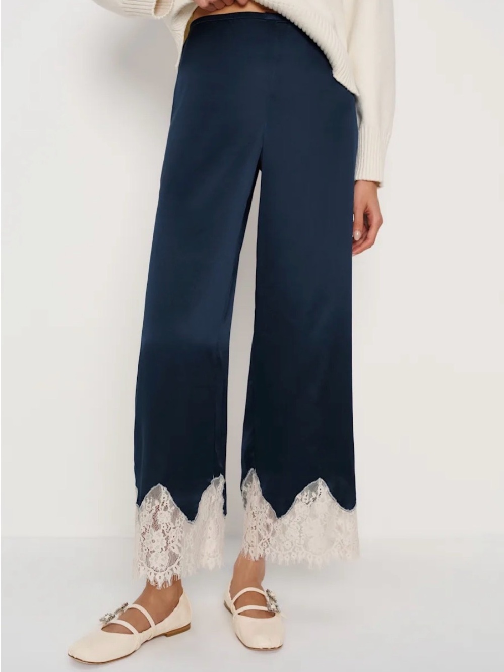 Reformation Carolina Silk Navy Wide-Leg Pants with Cream Lace Trim - Picture 2 of 4